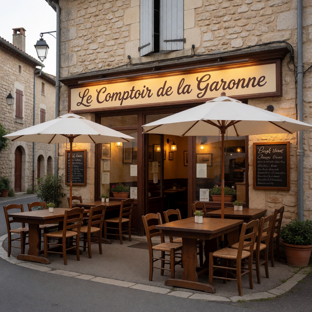Façade du Comptoir de la Garonne avec son enseigne, 12 quai de la Garonne