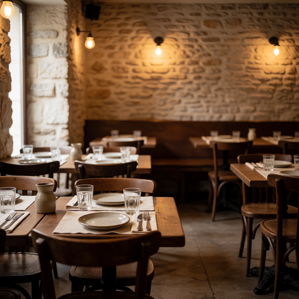 Intérieur du Comptoir de la Garonne, pierre apparente et éclairage tamisé