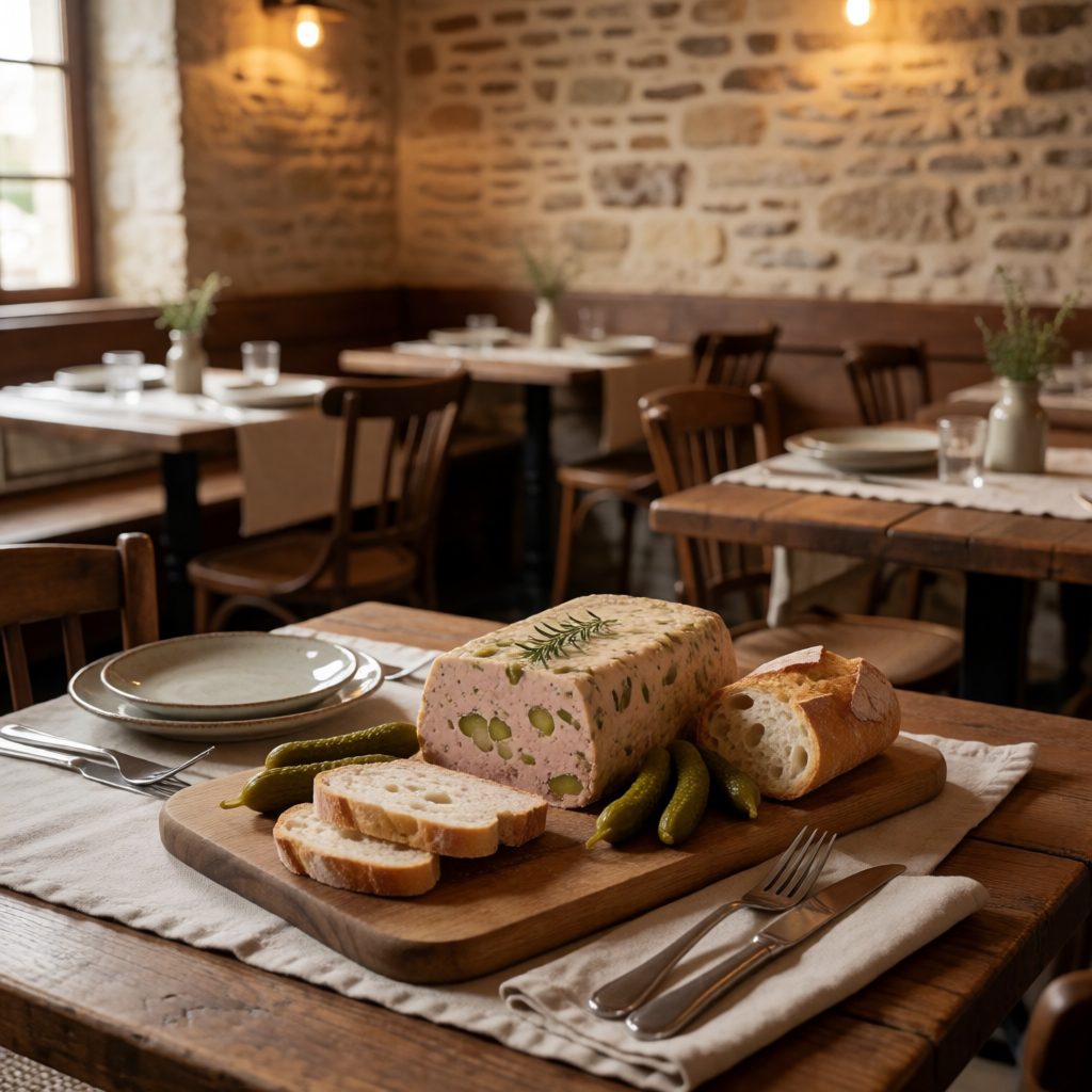 Terrine de campagne, cornichons et pain de campagne grillé